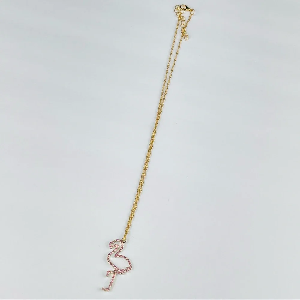 🔴🔴 NEW Pink Flamingo Rhinestone Necklace Chain Necklace Pink - Picture 7 of 13